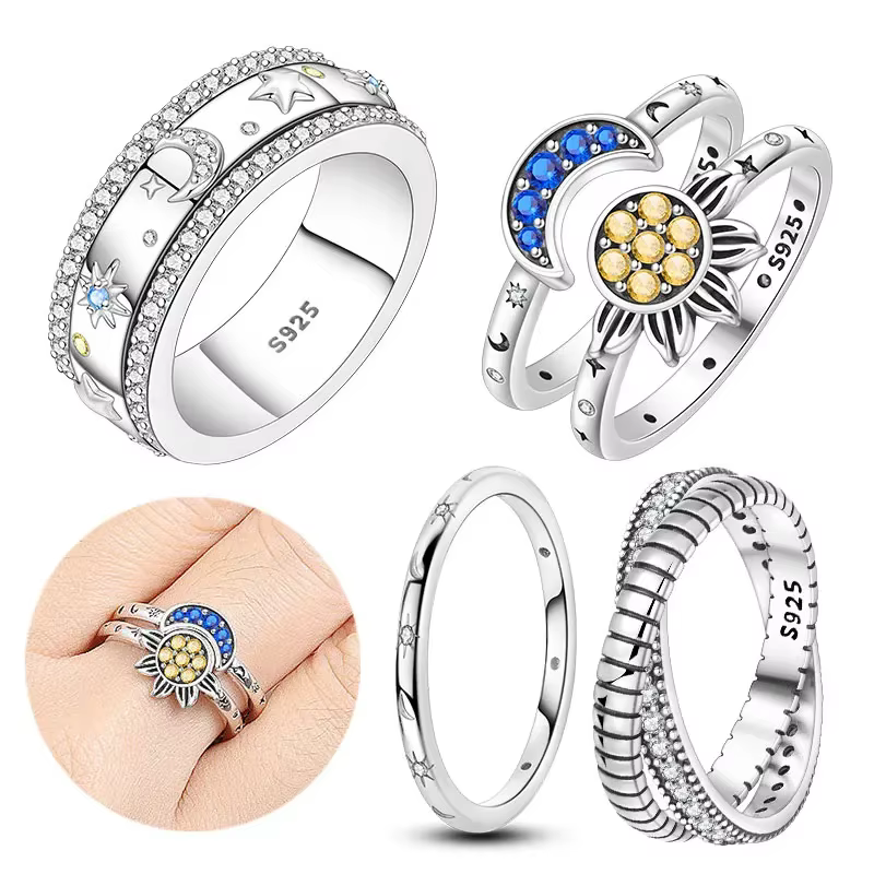 Bague empilable texturée en cristal pavé étoile et lune célestes