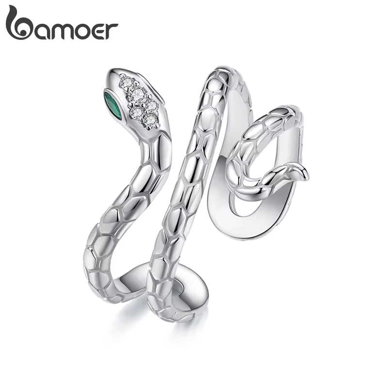 BAMOER bague serpent plaquée or blanc avec oeil émeraude CZ