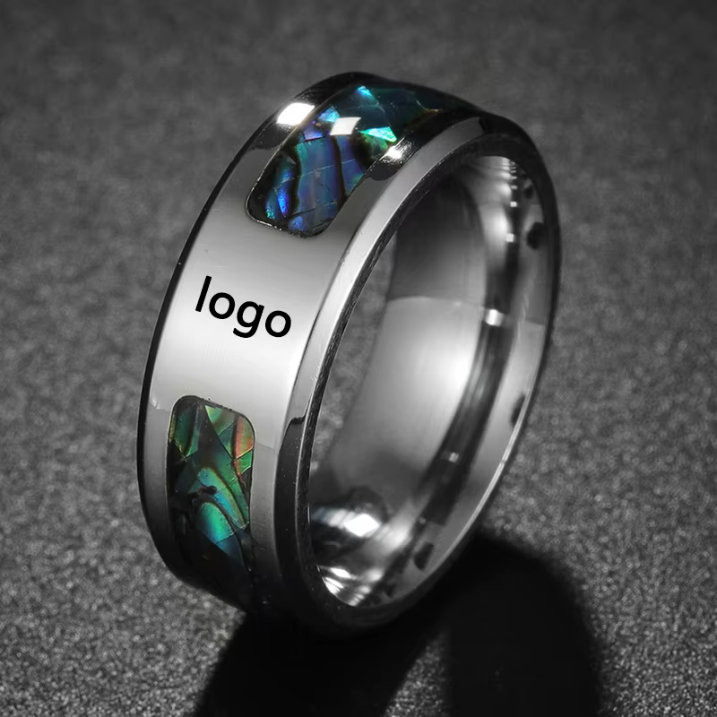 Bague incrustée de coquillages d'ormeau colorés pour hommes et femmes, bague en acier inoxydable argenté, bijoux de fête de mariage, mode personnalisée, 8mm