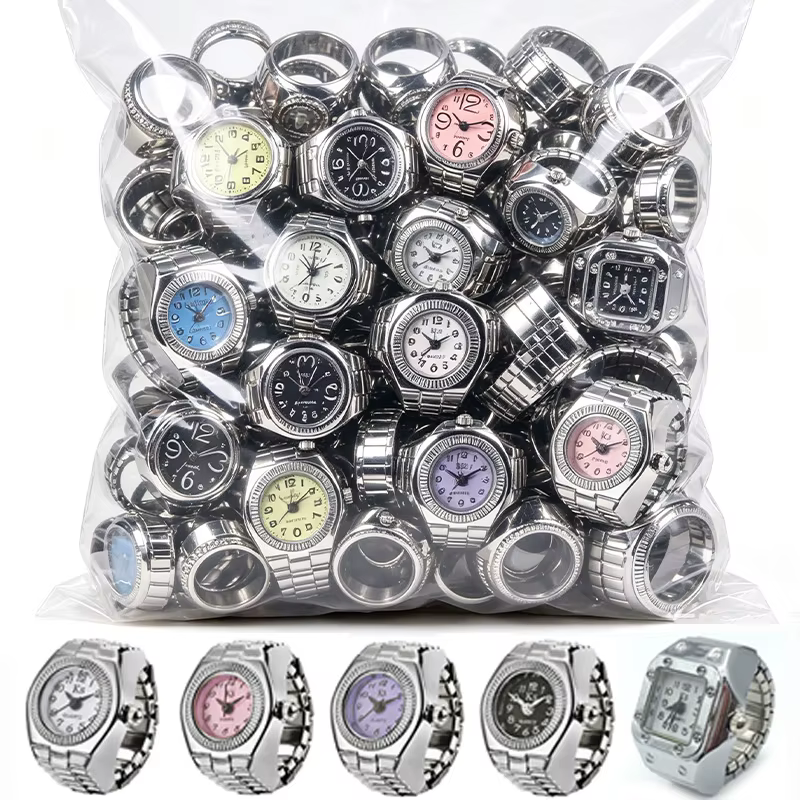 Montre-bague numérique à quartz élastique vintage argentée style mini punk pour femmes et hommes
