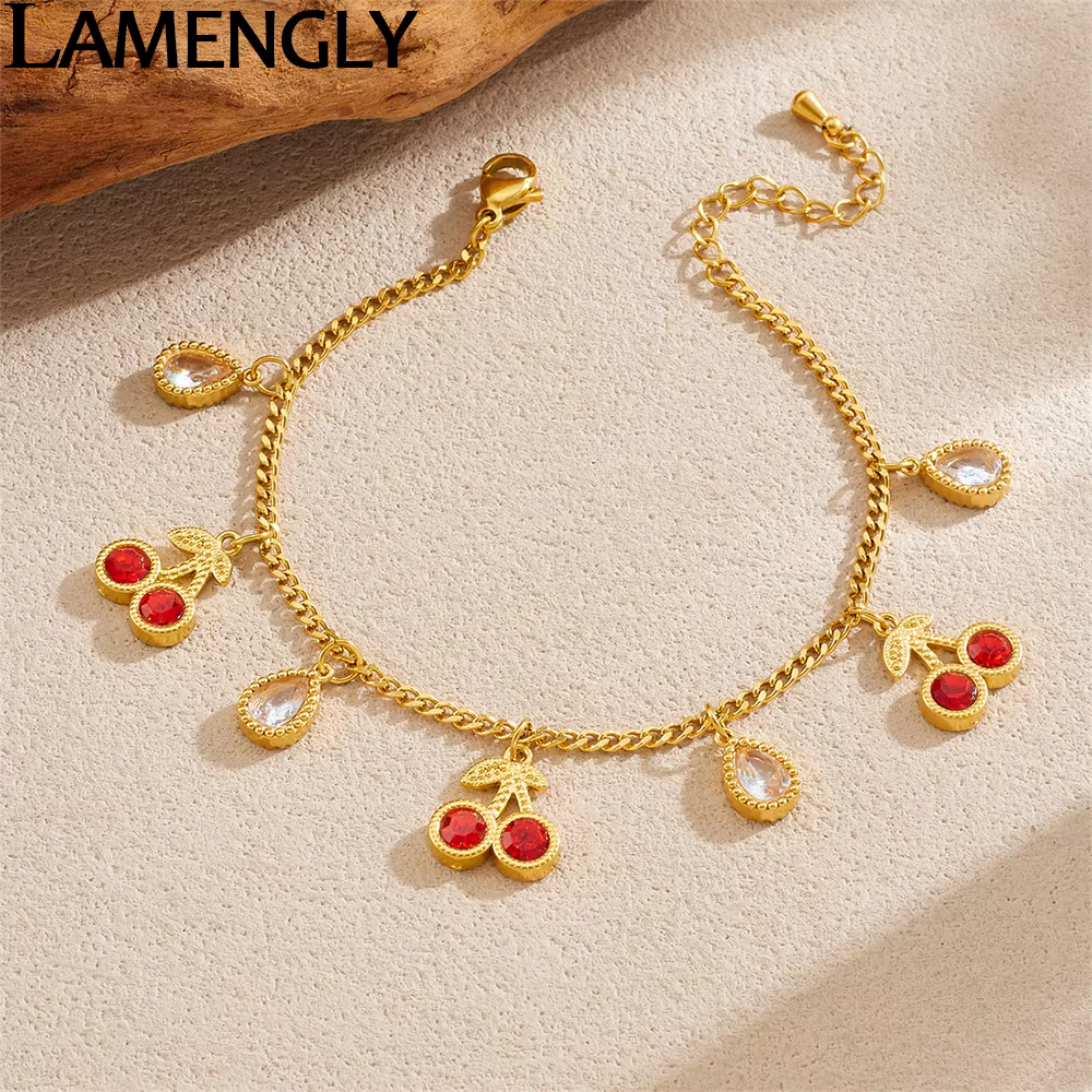 LAMENGLY 316L acier inoxydable rouge Zircon incrusté cerise Briolette bracelet à breloques femmes élégant Chic poignet chaîne bijoux cadeaux