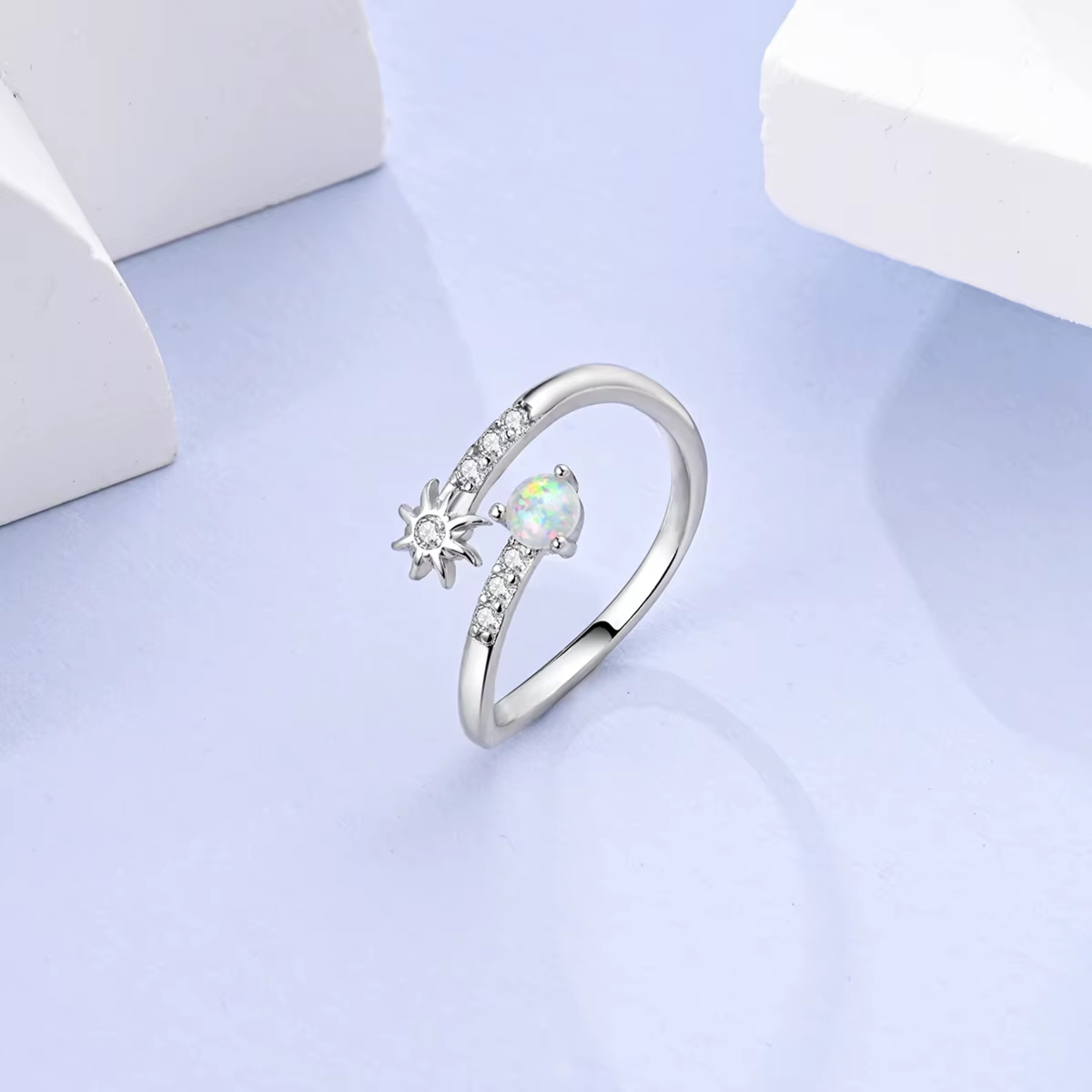 Bague ouverte ajustable en argent sterling 925 avec opale soleil pour femmes