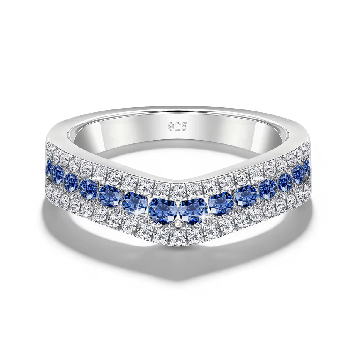 Bague en argent sterling 925 en forme de V incurvée avec corindon bleu et moissanite