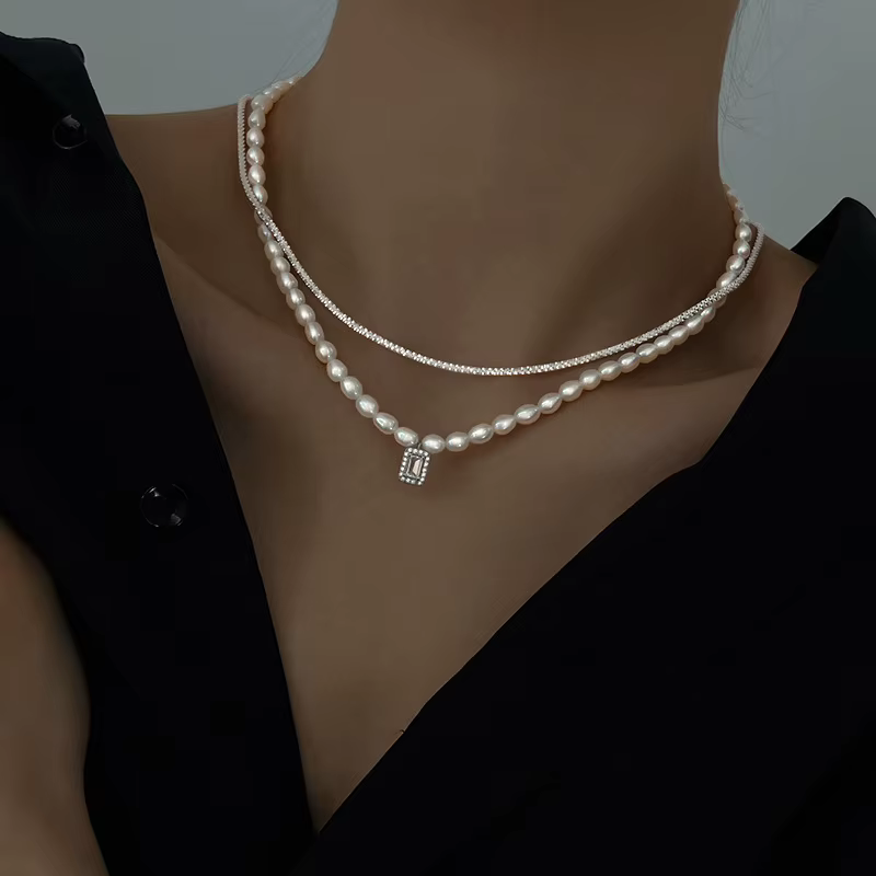 Collier de perles Double couche en cristal pour femmes, élégant et luxueux, pendentif féminin, ras du cou, Bling, bijoux cadeaux de mariage