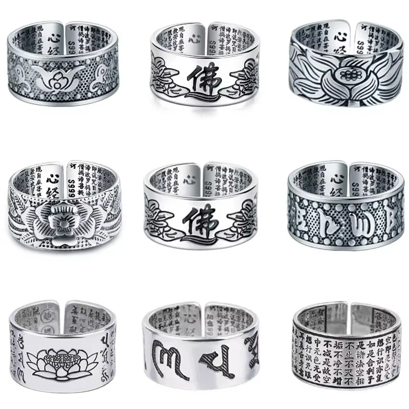 Bijoux couleur argent fleur de Lotus anneau ouvert pour hommes mode masculine taille libre coeur bouddhiste Sutra anneaux cadeaux
