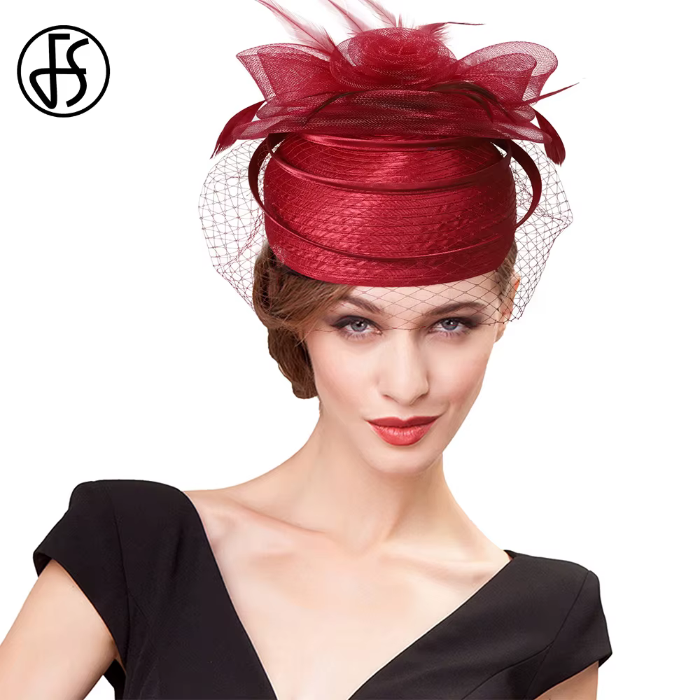 FS mariage église rouge chapeaux fascinateurs pour femme avec plume voile Cocktail fête coiffure 2025 dame élégante Kentucky Derby casquette