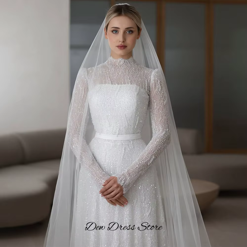 Col haut a-ligne Robe De mariée personnalisée dentelle exquise paillettes