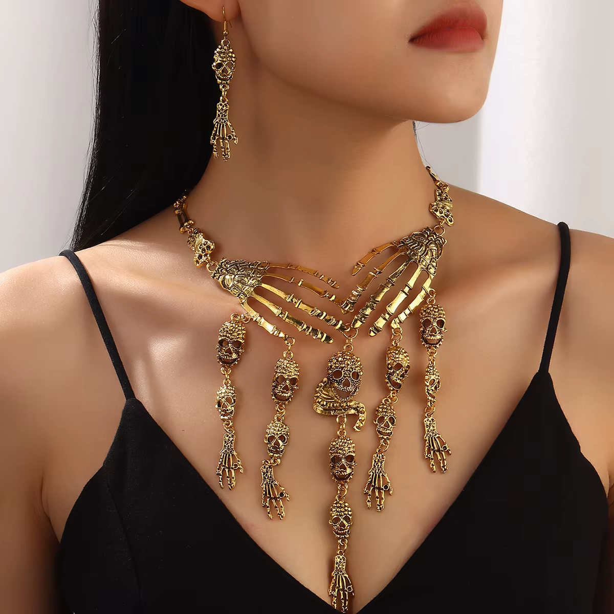 Ensemble collier et boucles d'oreilles tête de mort main fantôme en métal vintage pour femmes