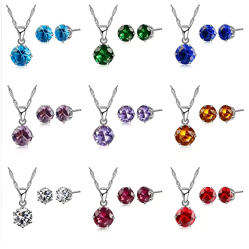 Ensemble de bijoux de mariage en argent Sterling 925, 14 couleurs, pour femmes, pendentif en cristal de fiançailles, collier et boucles d'oreilles