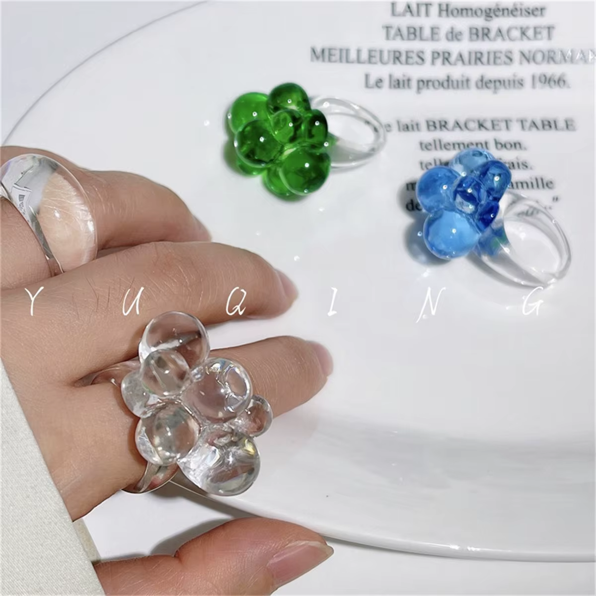 Bague Vintage en Résine Acrylique Transparente Colorée pour Femme