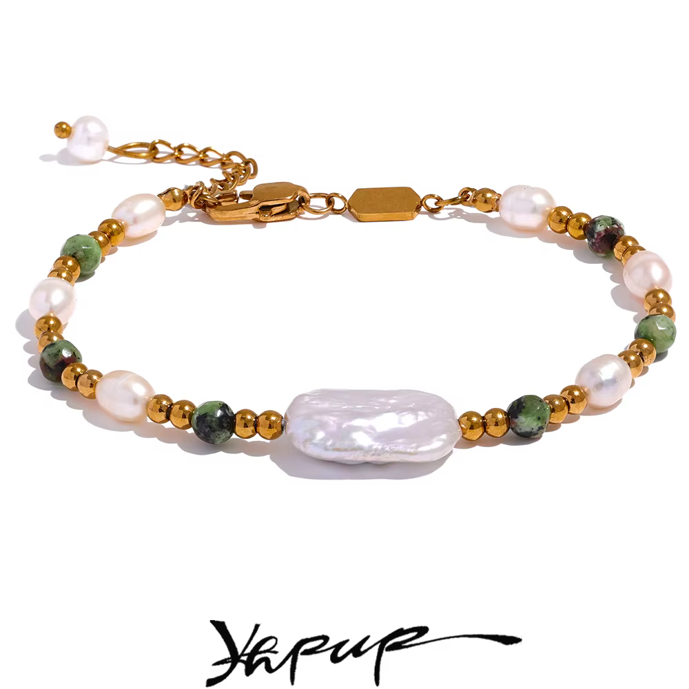 Yhpup luxe Baroque naturel Epidote pierre perles d'eau douce à la main en acier inoxydable