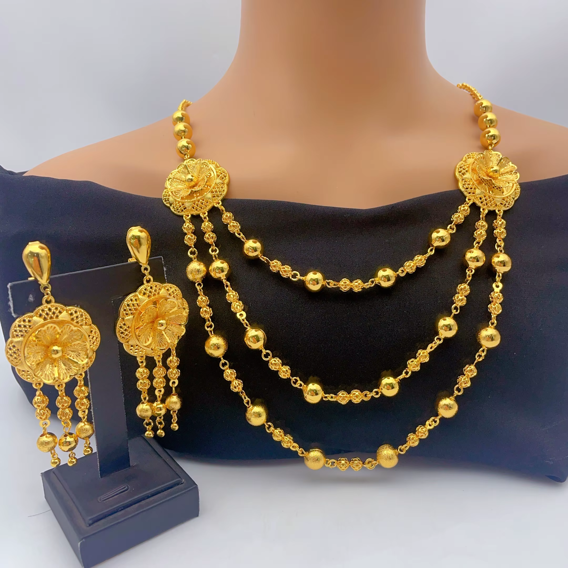 Parures de bijoux de luxe italiennes avec long collier et boucles d'oreilles pour femmes