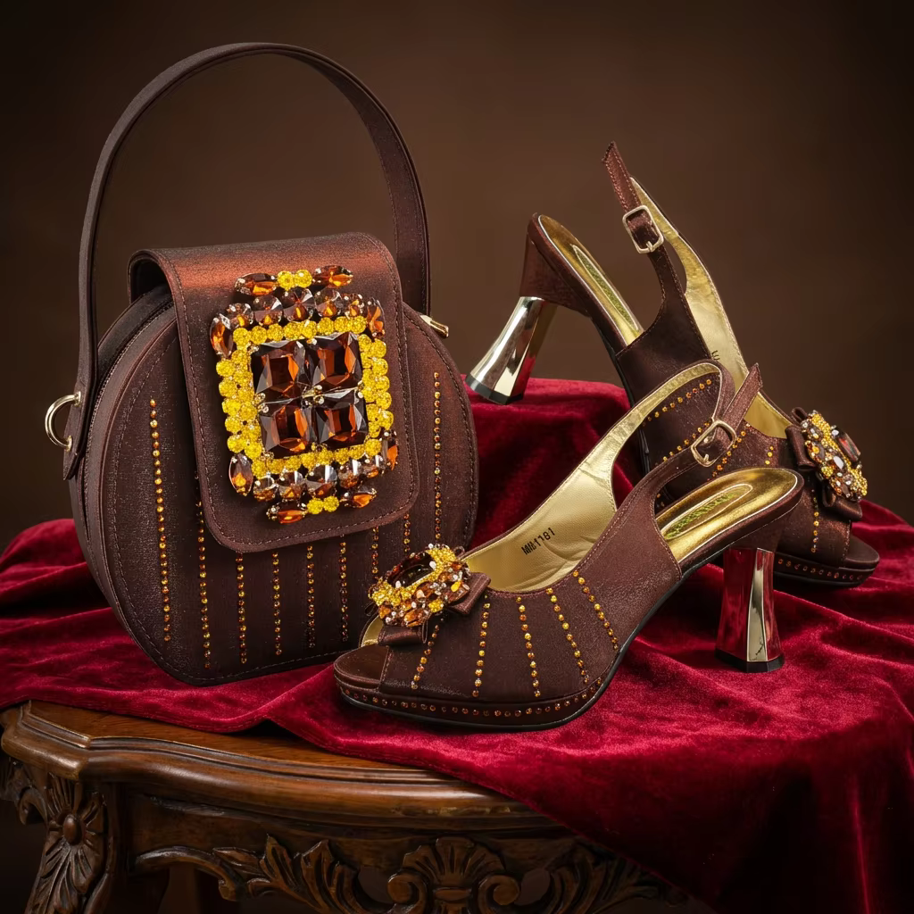 Nouvel ensemble 2026 de sandales à talons hauts marron ornées de strass et de sac pour femme – Élégantes chaussures de soirée italiennes parfaites pour les mariages