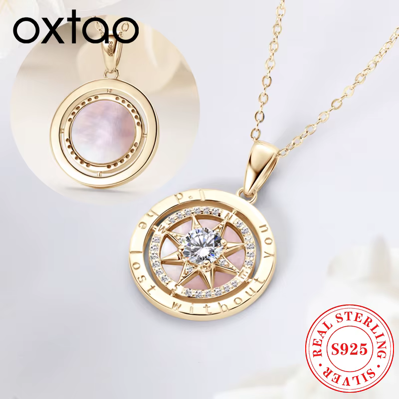 OXTAO dames boussole pendentif collier 925 en argent Sterling zircon cubique bijoux de luxe élégant accès élégant colliers de fête