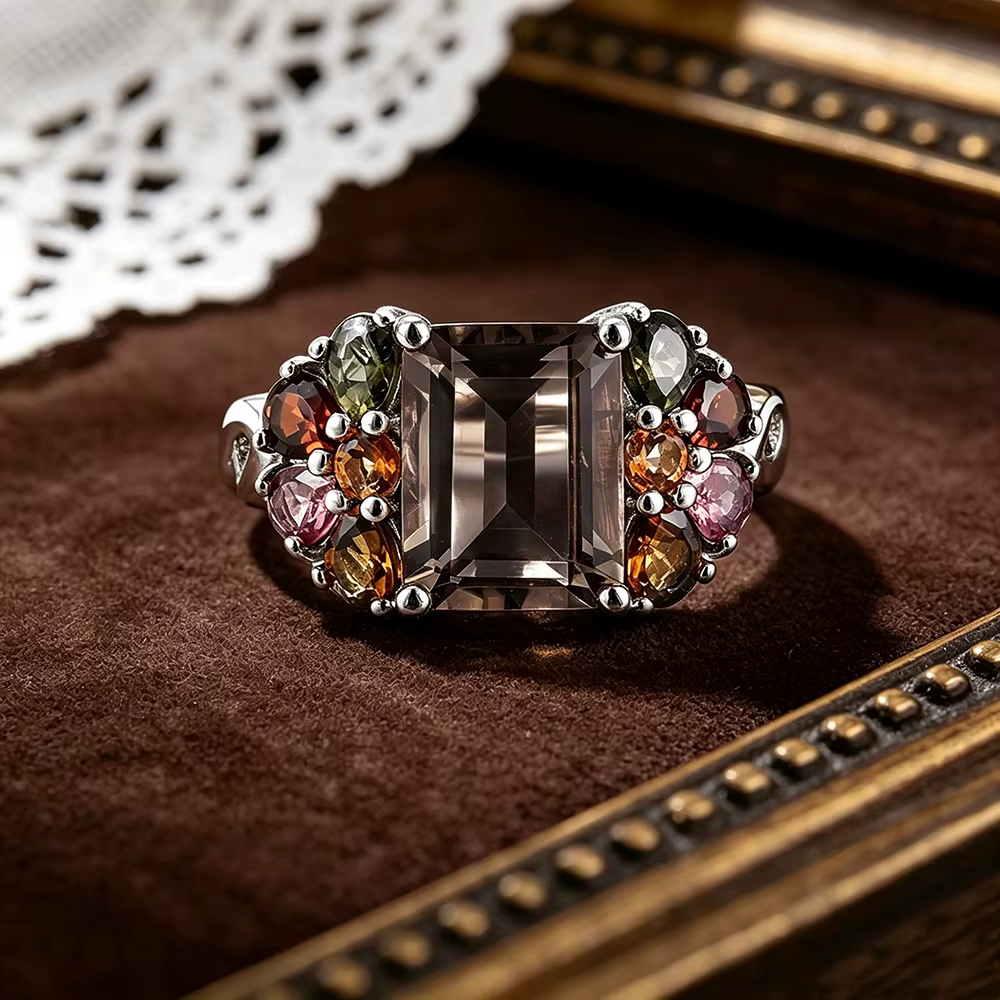 Bague en argent 925 avec tourmaline naturelle fumée pour femme