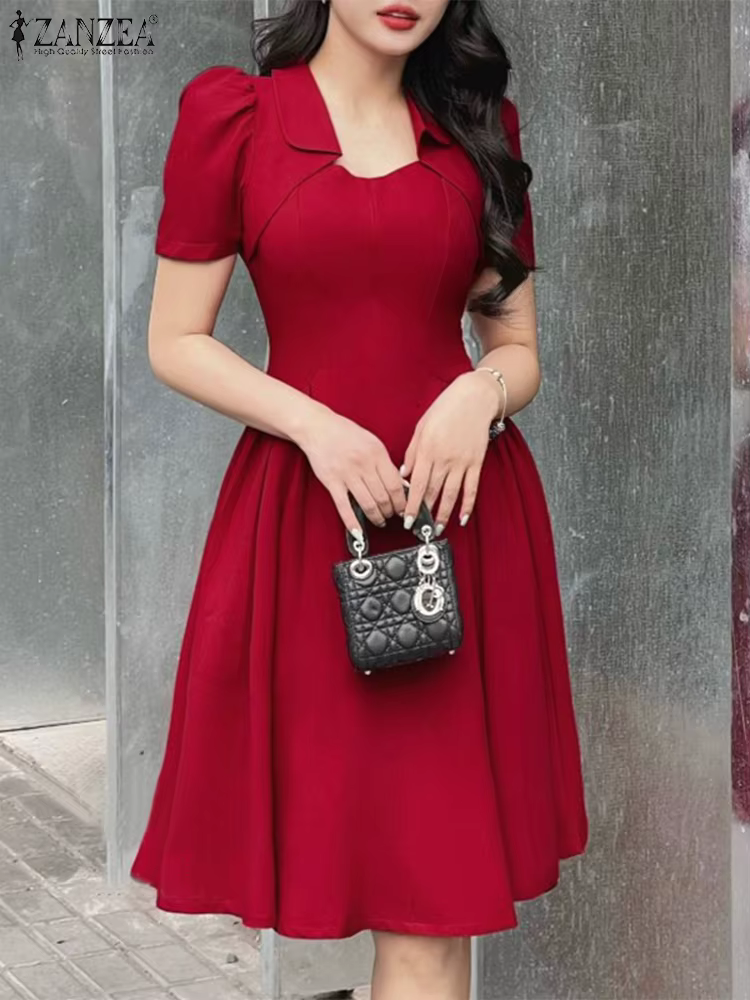 ZANZEA élégant Chic robes noires femmes mode col carré manches courtes taille froncée genou longueur robe de soirée verres dames