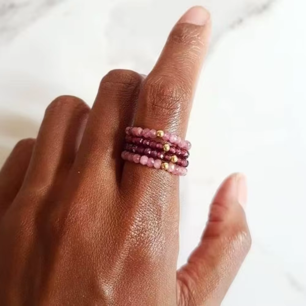 Vlen bague réglable pour femmes naturel rose Tourmaline grenat perles élastique extensible empilable Boho bagues bijoux cadeau