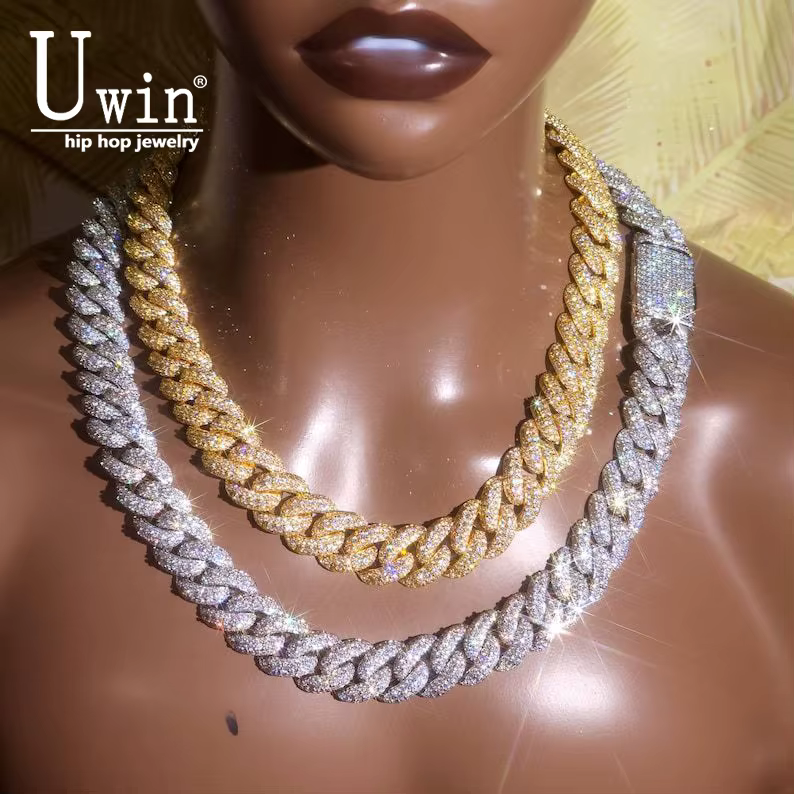 Uwin Collier Chaîne Cubaine Miami Bubbles Lourde 18mm et Bracelet Entièrement Micro-Pavé de Zircone Cubique