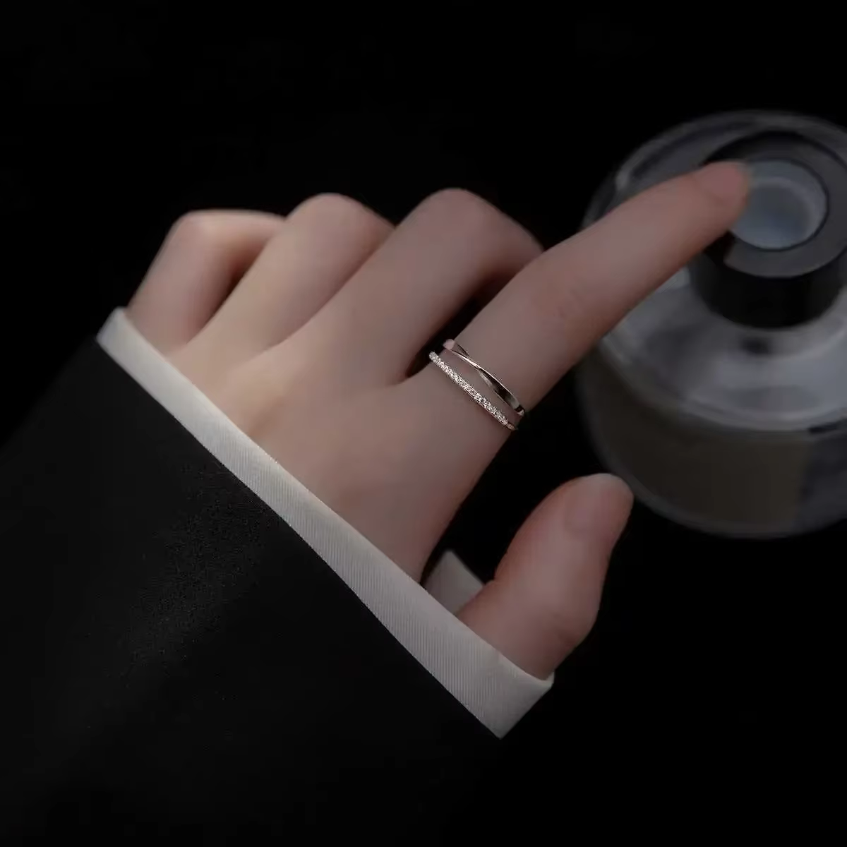 Bague en argent Sterling 925 en zircon Double géométrie pour femmes