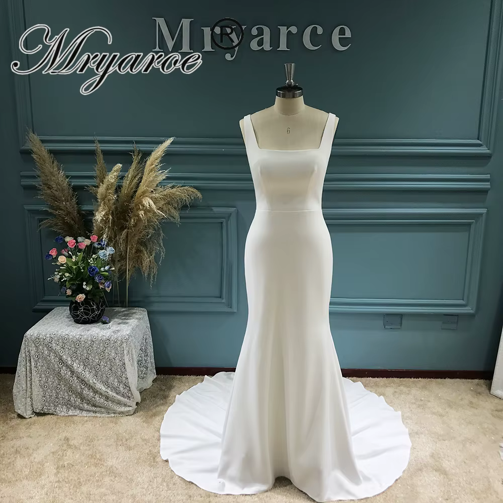 Robe de mariée minimaliste sirène en crêpe à col carré Mryarce