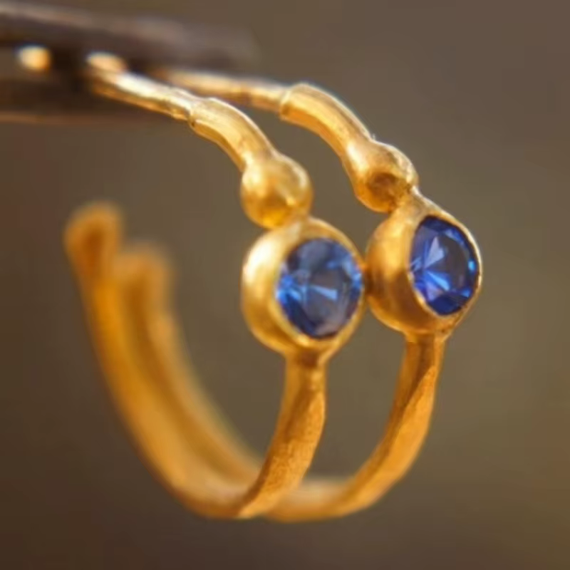 Boucles d'oreilles rondes Vintage couleur or incrustées de pierre bleue pour femmes