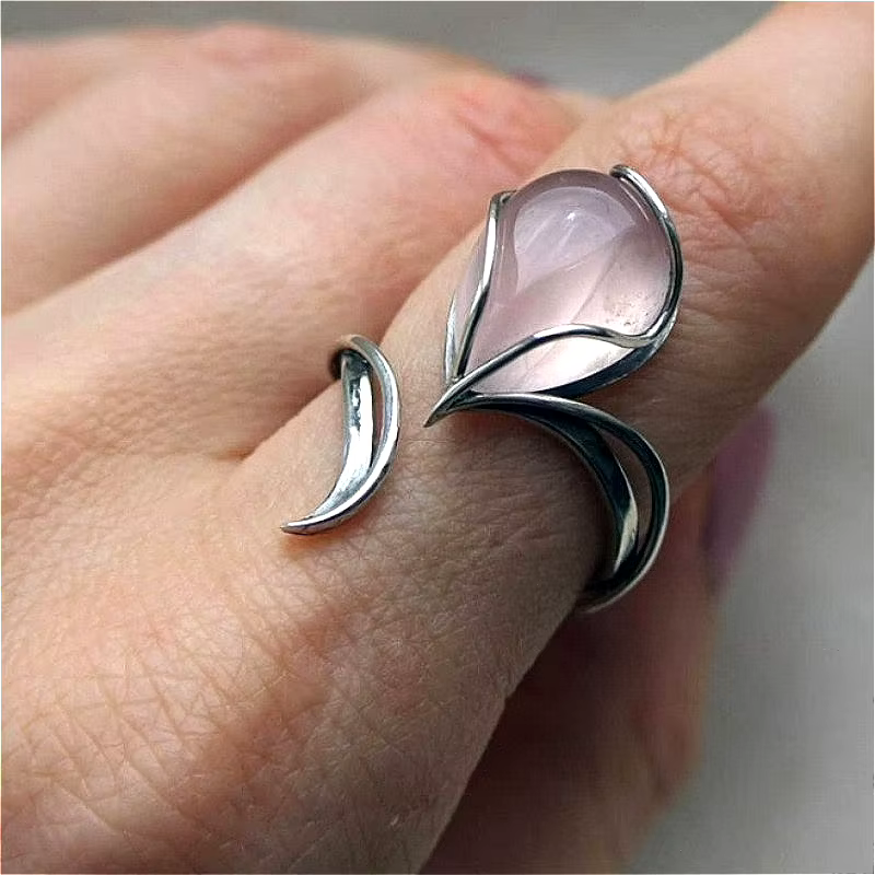 Bague de promesse élégante en forme de renard avec pierre de lune synthétique rose pour femme