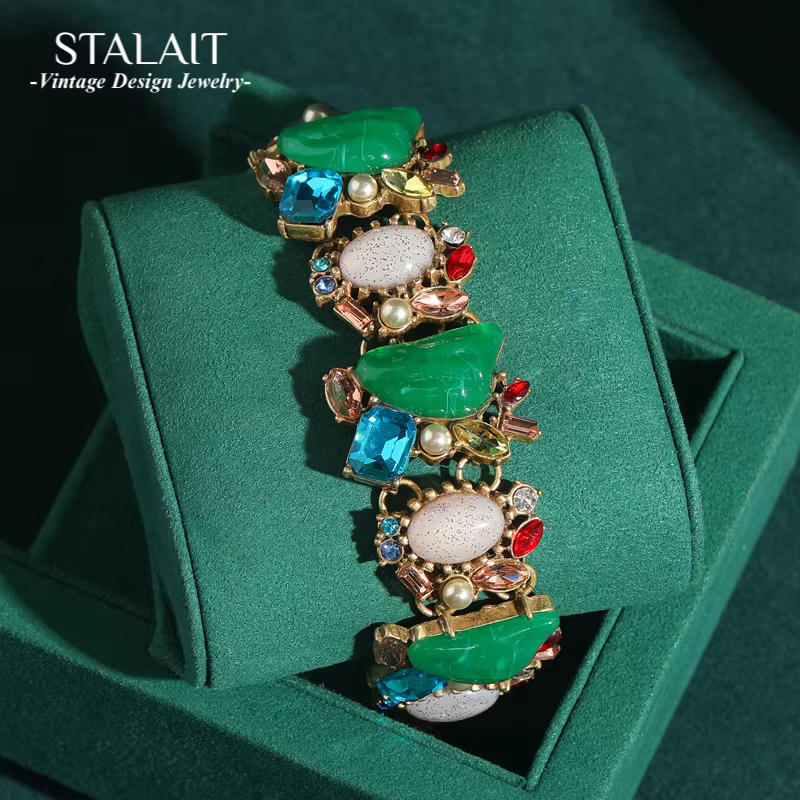 Bracelet Vintage en Perles Baroques Vertes et Bleues pour Femme