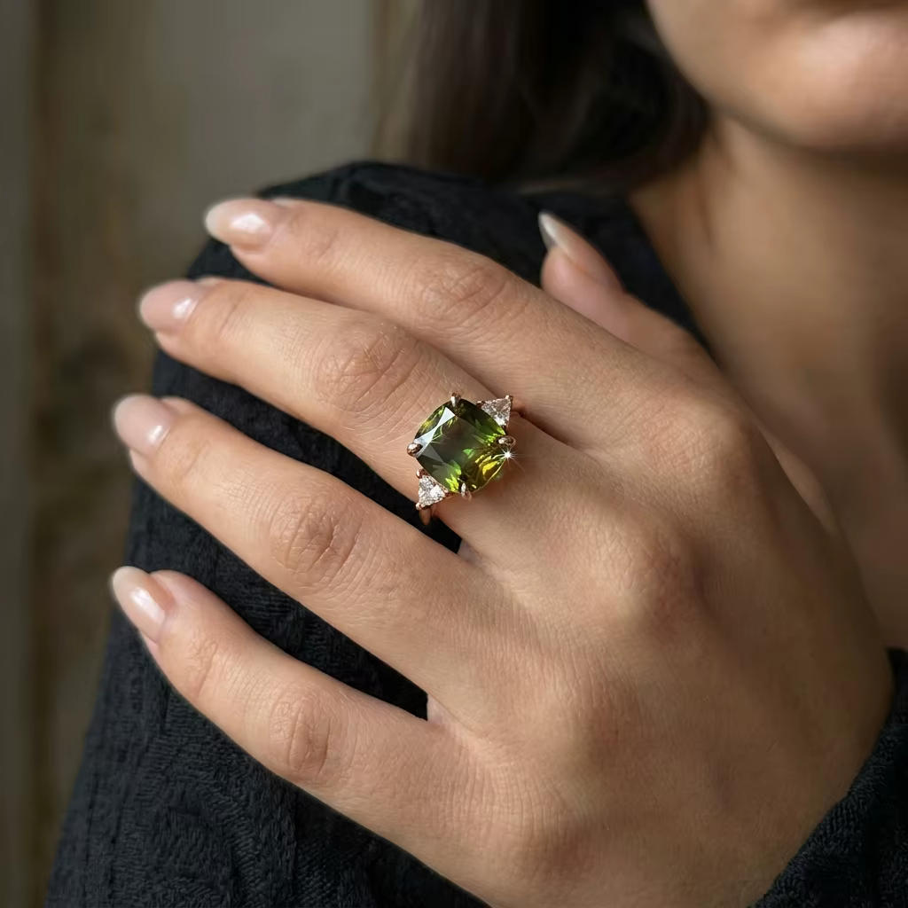 Bague carrée en cuivre avec zircone cubique vert émeraude pour femme
