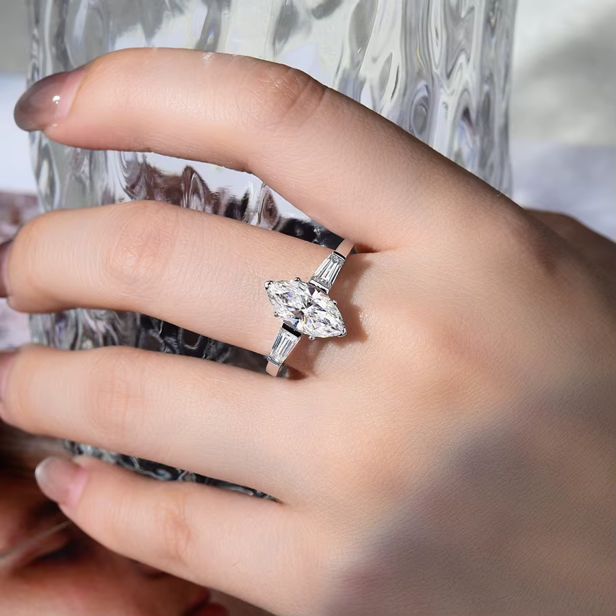 Bague BXINY en argent sterling 925 avec 3 pierres de moissanite taille marquise pour femme, alliance de mariage conique avec diamants baguette, cadeau de joaillerie fine