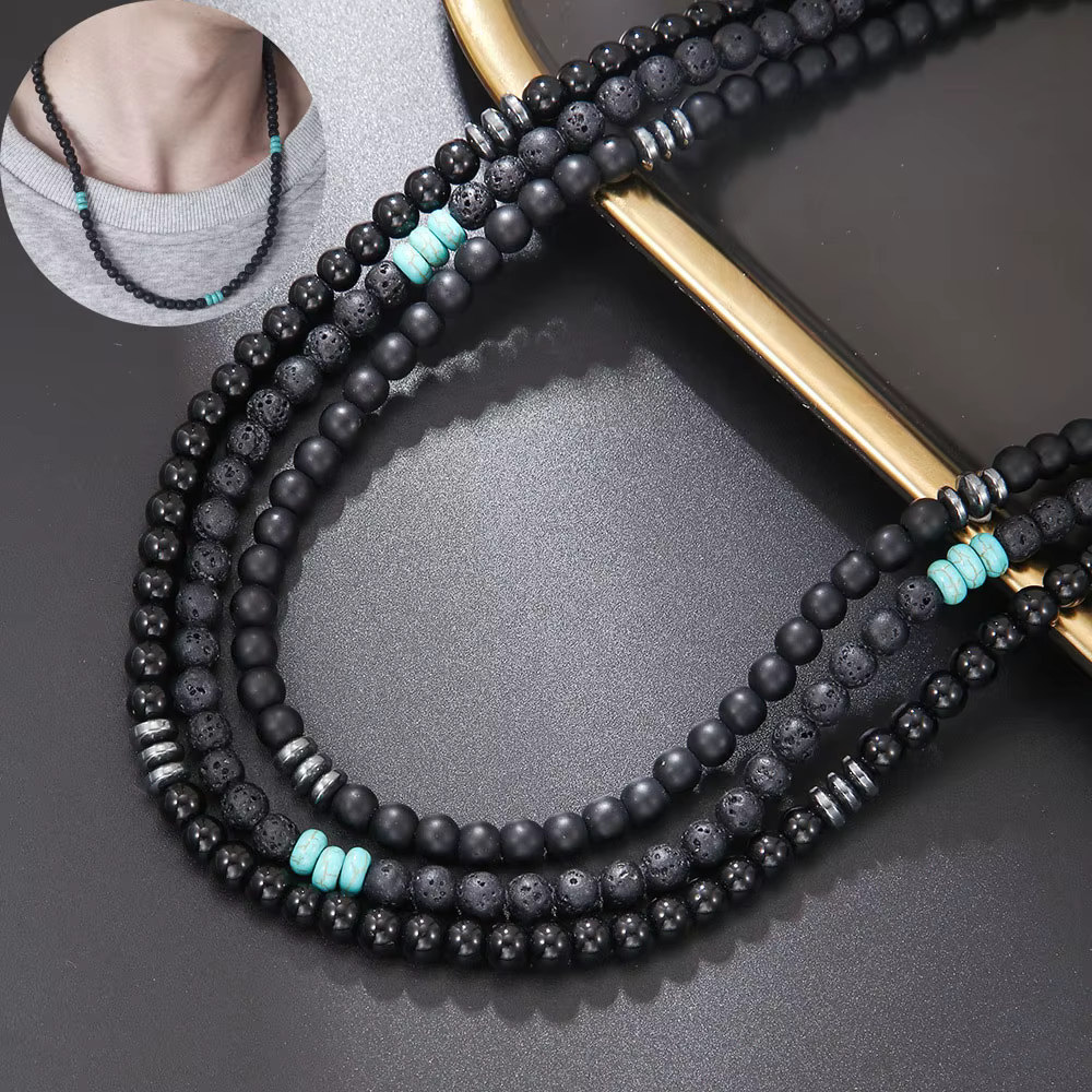 Collier de perles en pierre de lave givrée noire pour hommes et femmes, ras du cou en pierre naturelle, classique, bijoux de fête, cadeau en pierre de lave