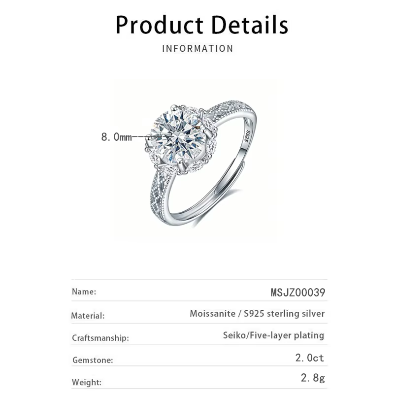 Bague en moissanite à taille ajustable 2 carats
