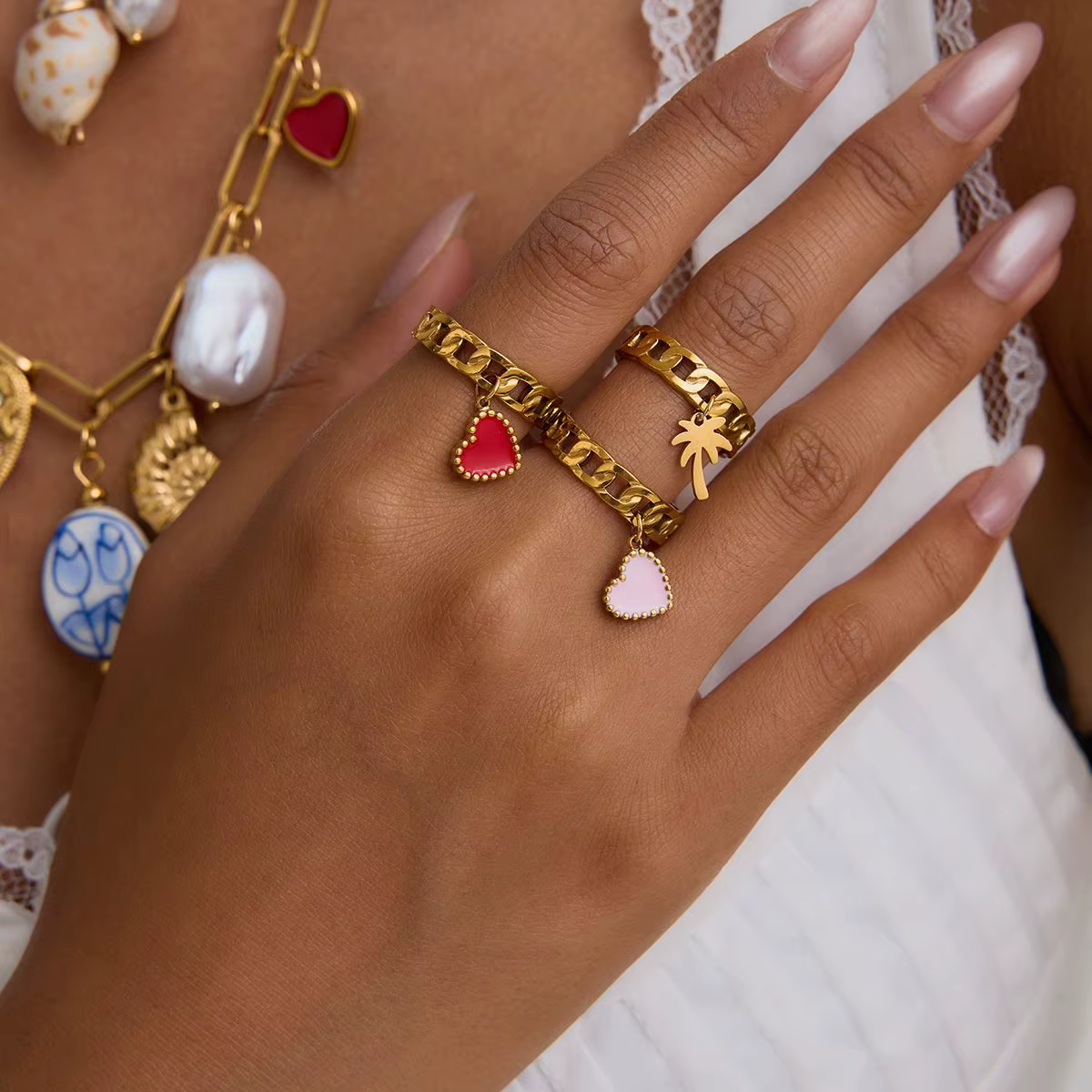 Bagues en acier inoxydable pour femmes, bijoux à la mode, plaqué or, cocotier, cerise réglable, ouvert, goutte d'huile, pendentif en forme de cœur
