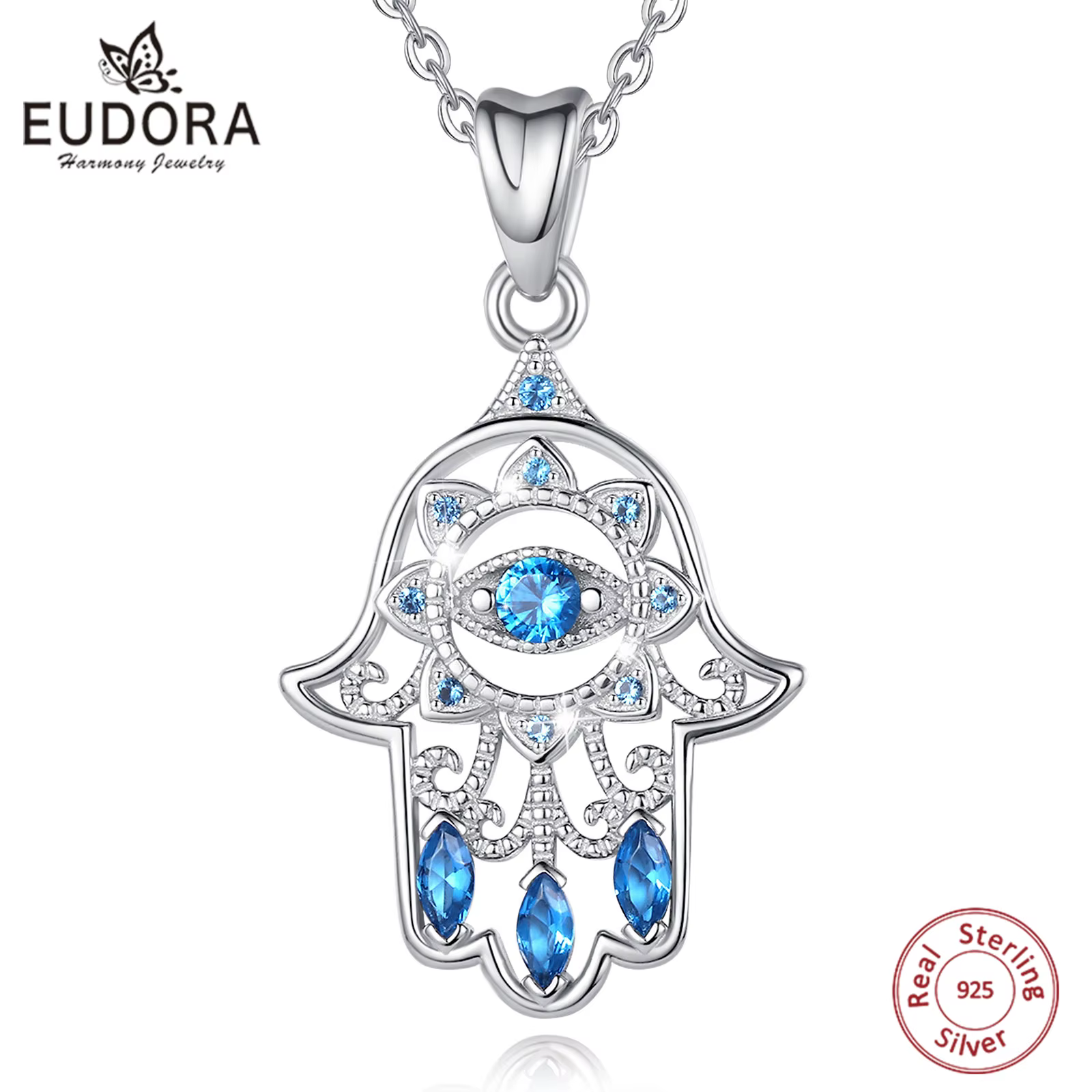 EUDORA-Collier pendentif main Hamsa mauvais œil pour femme, argent regardé 925, cristal de vison bleu, bijoux fins de Fatima, cadeau d'anniversaire