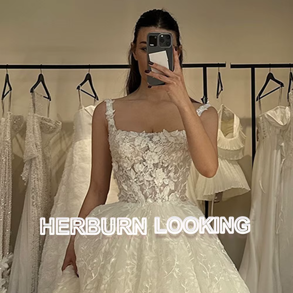 HERBURN robes De mariée à col carré à la mode pour les femmes dentelle Appliques robe
