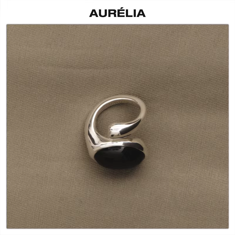 Bague rétro irrégulière en laiton plaqué platine et Agate noire pour femmes