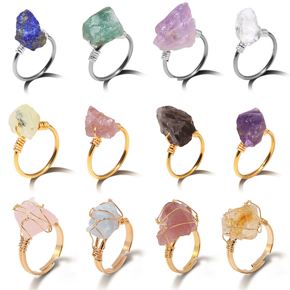 Bague en Pierre Brute Irrégulière, Quartzs, Aigue-Marine, Citrine, Bijou de Doigt en Pierre Précieuse, Cadeau de Mariage pour Couple, Femme et Homme