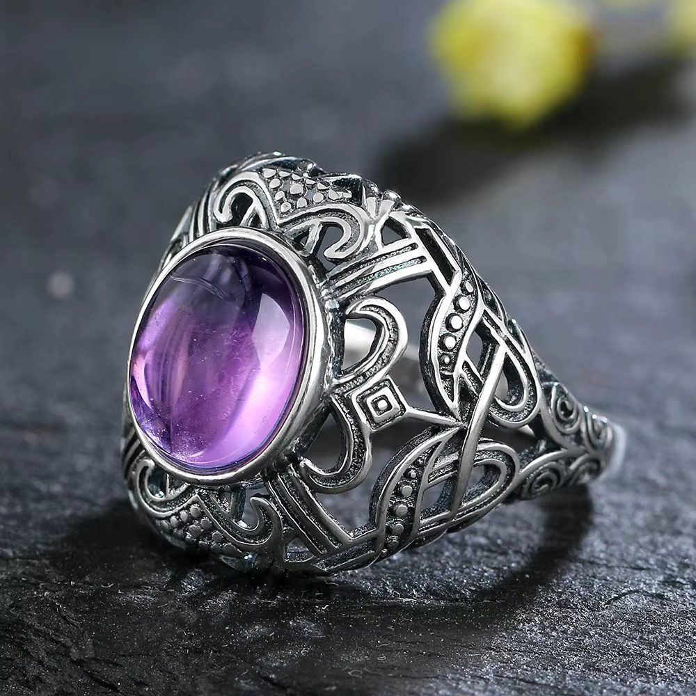 Bague plaquée argent avec améthyste naturelle pour femmes