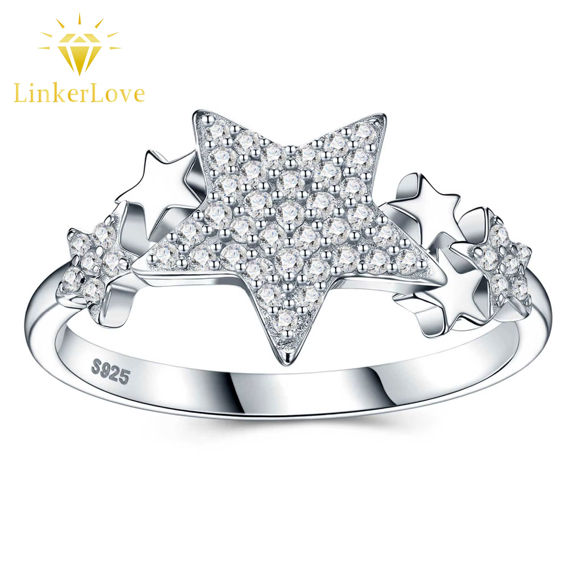 Bague en argent sterling S925 LinkerLove avec étoile en moissanite