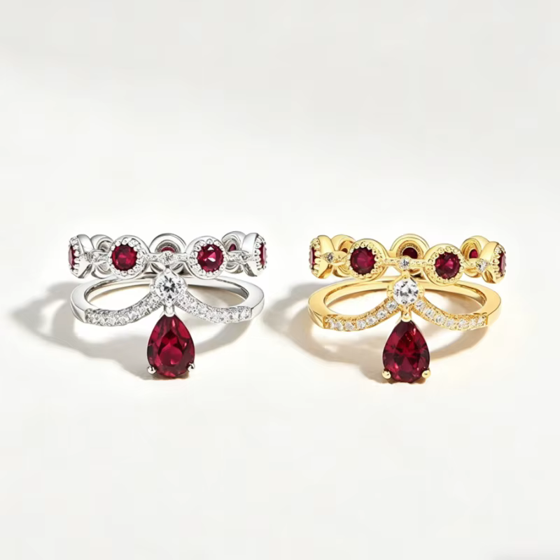Bague Couronne Double Bande de Luxe avec Zircon Rubis Goutte d'Eau