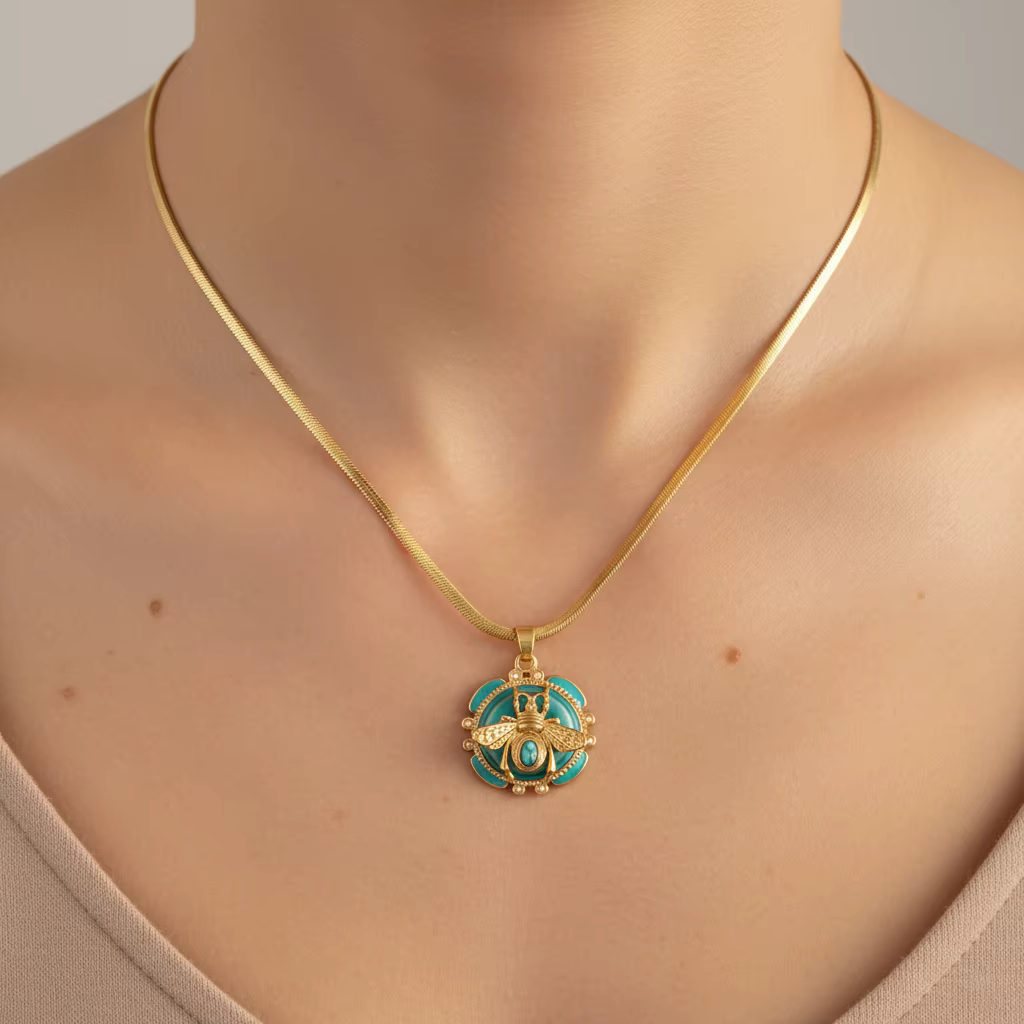 Élégant ensemble de bijoux à breloques abeille plaqué or 18 carats - Bague en émail sarcelle