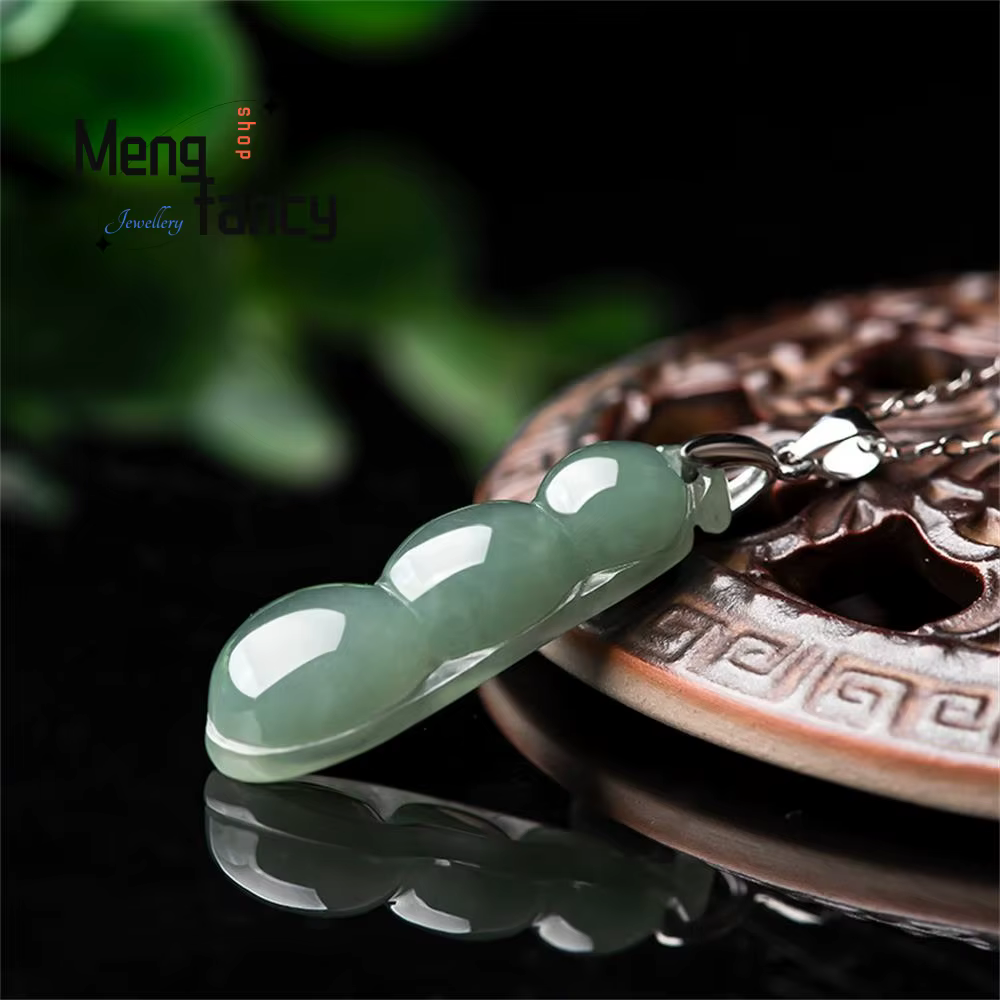 Naturel Myanmar A-goods jadéite huile vert béni haricot pendentif S925 argent incrusté collier exquis luxe qualité bijoux fins