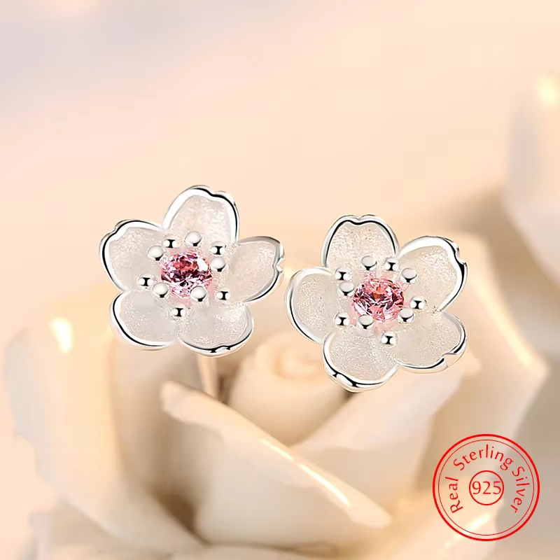 Réel 925 en argent Sterling cristal bijoux nouvelle fleur boucles d'oreilles pour les femmes dame