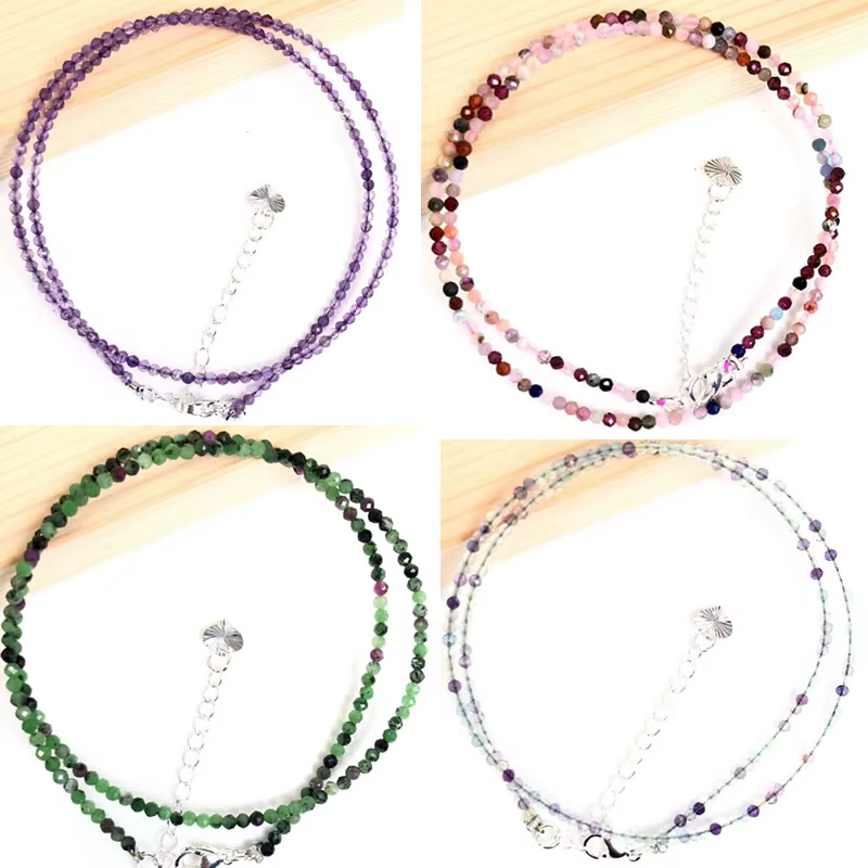 Collier et Bracelet naturels de 2 à 3MM, petites perles à facettes rondes, Quartz cristal, Agates, ras du cou pour femmes, bijoux de plage d'été, cadeau
