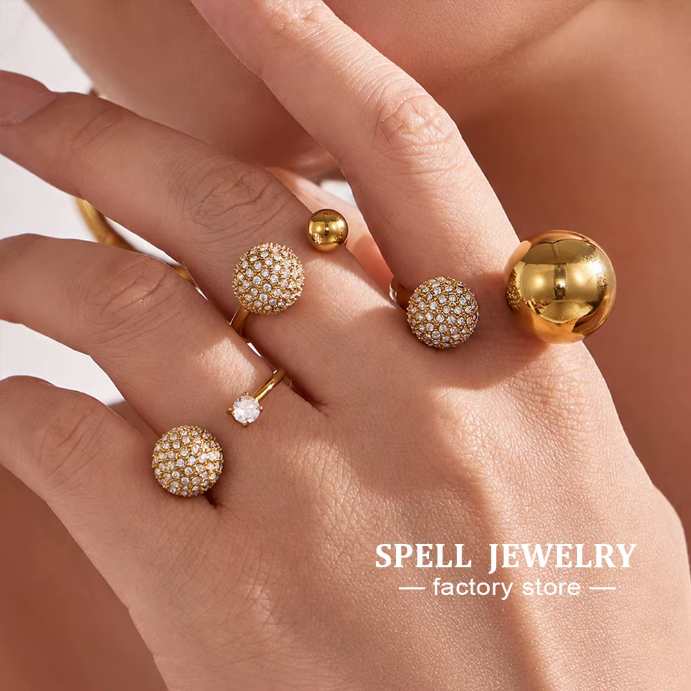 Ensemble de bagues ouvertes en acier inoxydable 316L plaqué or 18 carats avec double sphère et zircon pavé, bijoux géométriques modernes pour femmes