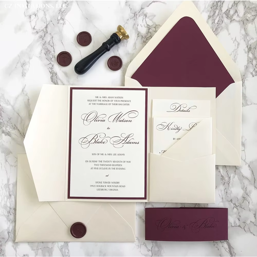 Suite d'invitation de mariage personnalisable bordeaux ivoire - Sceau et enveloppes de cire haut de gamme - Papeterie