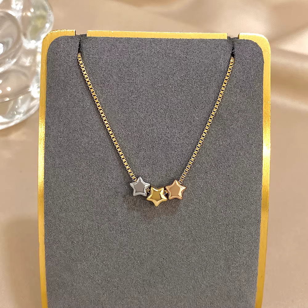 Collier à perles étoiles tricolores mignonnes pour femmes, collier à breloques en acier inoxydable plaqué or, bijoux imperméables