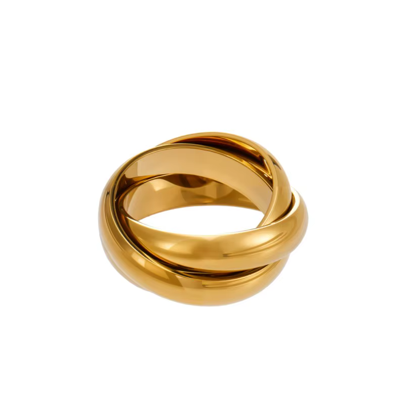 Bague classique à trois bandes entrelacées en acier inoxydable 316L plaqué or 18 carats