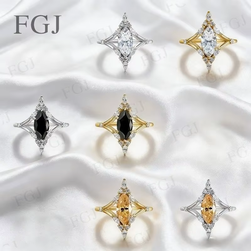 Bague Vintage en Moissanite Taille Marquise - Argent 925 Couleur D/Noir/Champagne Bijoux Fins Cadeau de Fiançailles Fête des Mères pour Femme