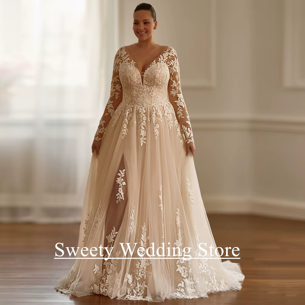 Robes de mariée Champagne grande taille personnalisé col en V manches longues Applique balayage Train paillettes robe