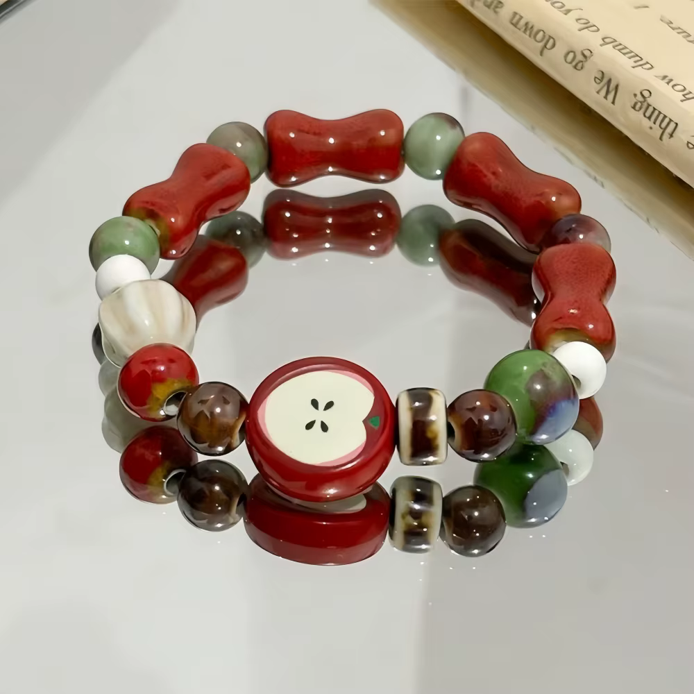 Bracelet de perles en céramique imitation pomme rétro pour femmes